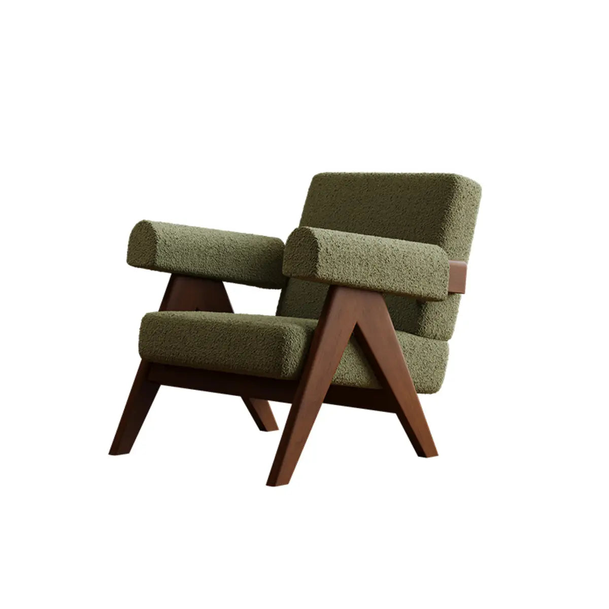 White Mohair Fixed Back Oak Wood Frame Arm Chair Image - 3