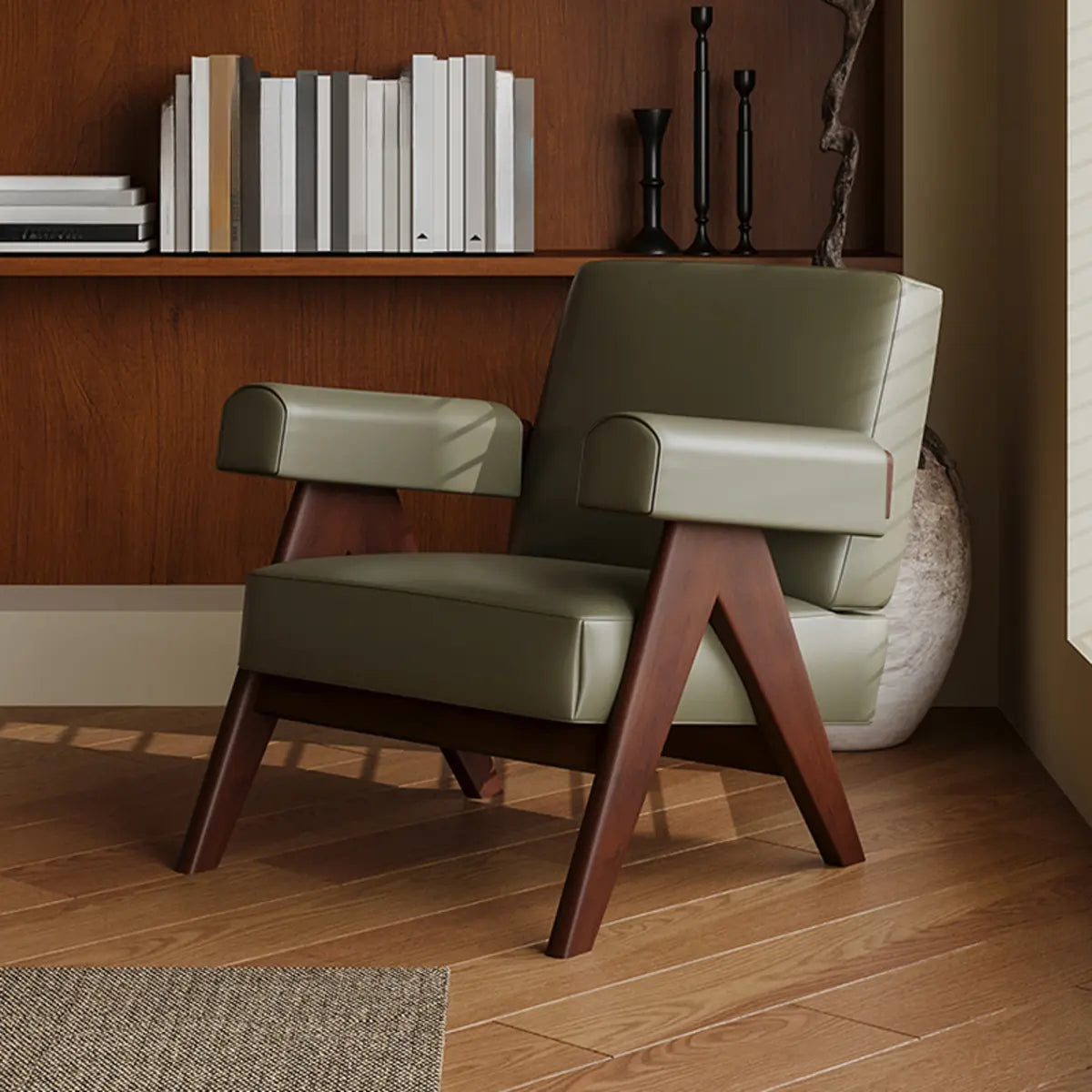 White Mohair Fixed Back Oak Wood Frame Arm Chair Image - 4