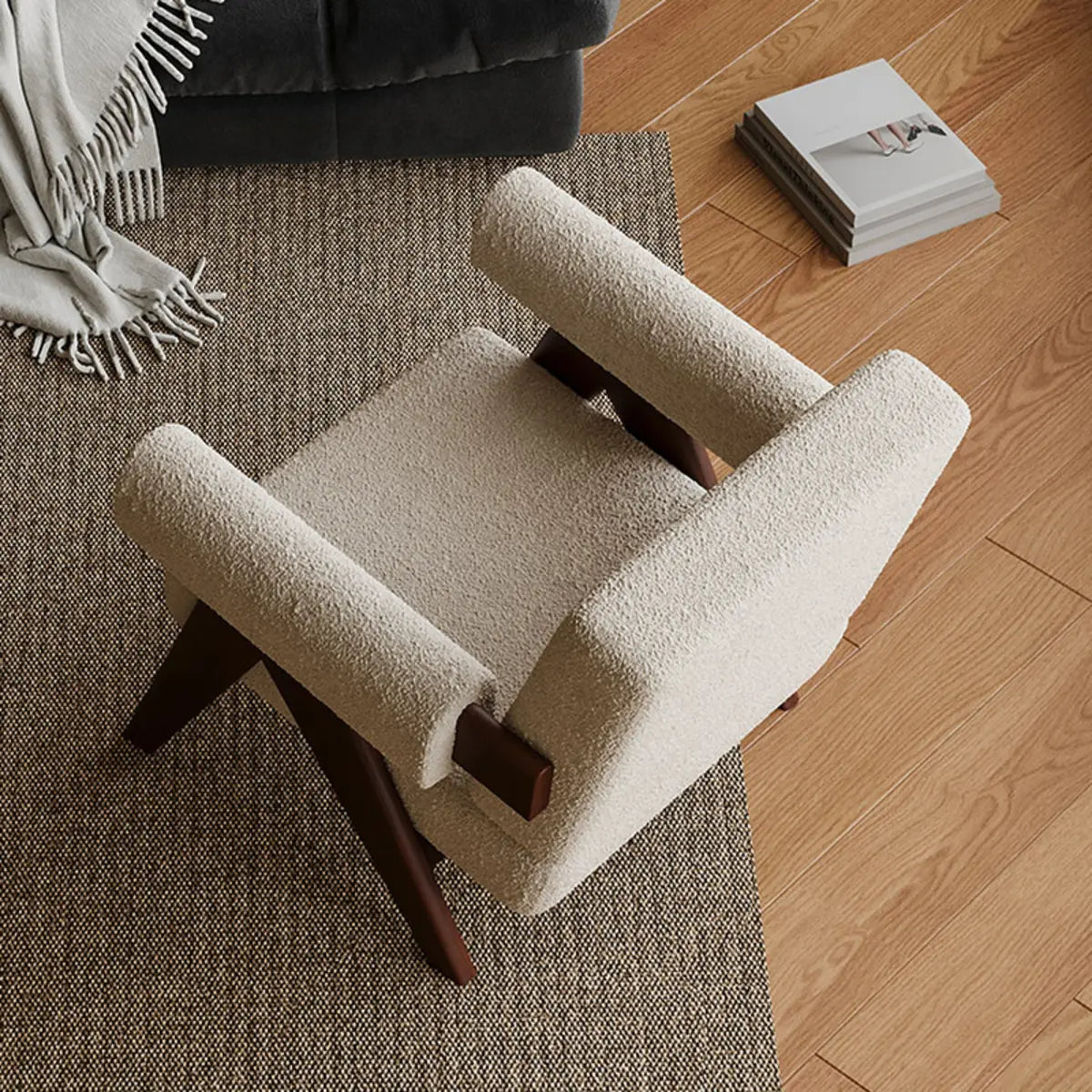 White Mohair Fixed Back Oak Wood Frame Arm Chair Image - 6