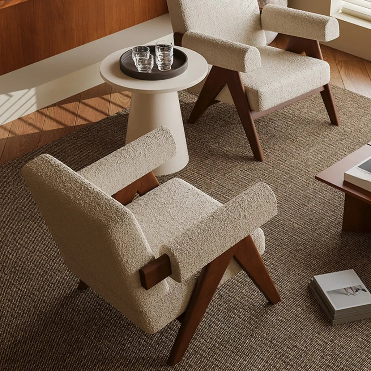 White Mohair Fixed Back Oak Wood Frame Arm Chair Image - 8