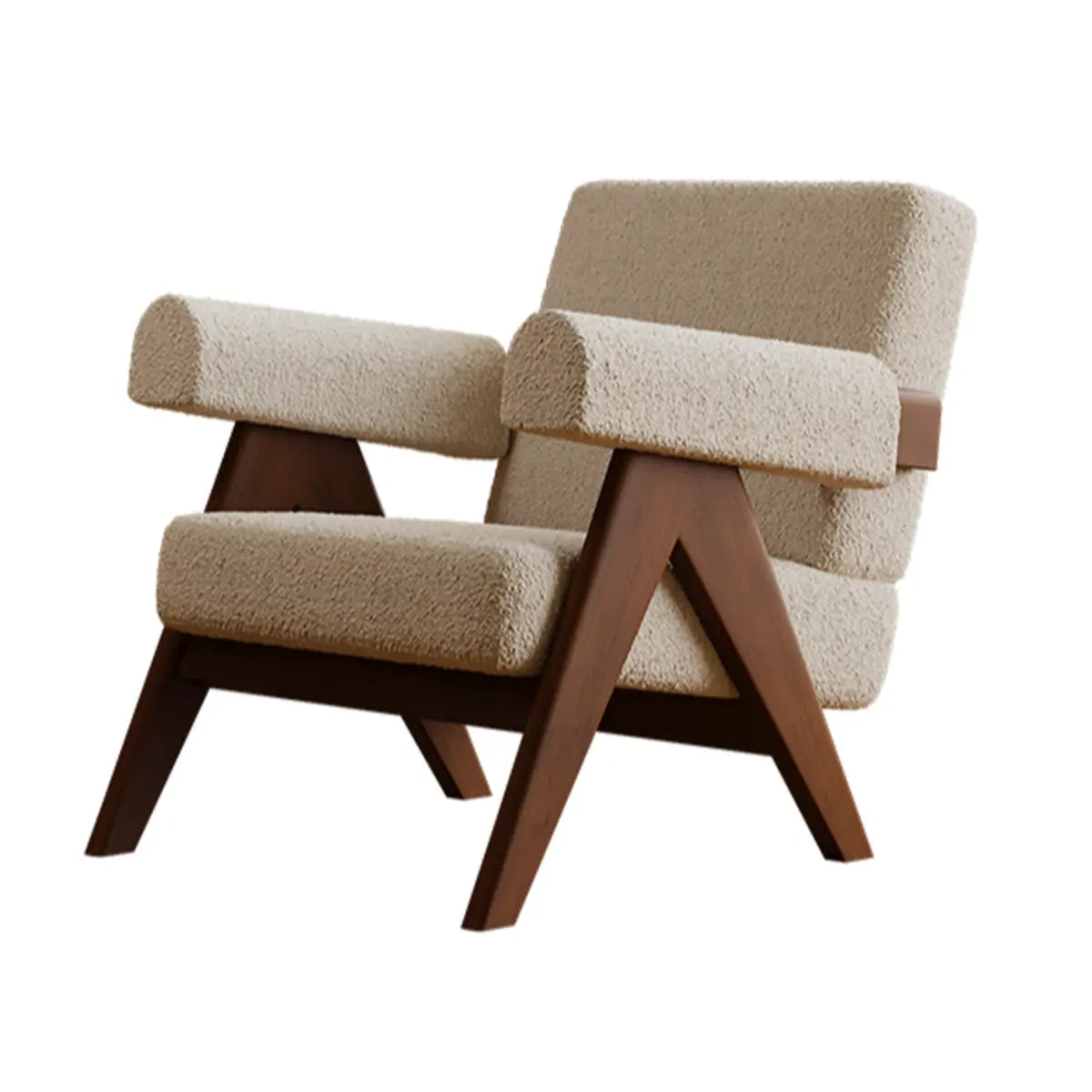 White Mohair Fixed Back Oak Wood Frame Arm Chair Image - 9