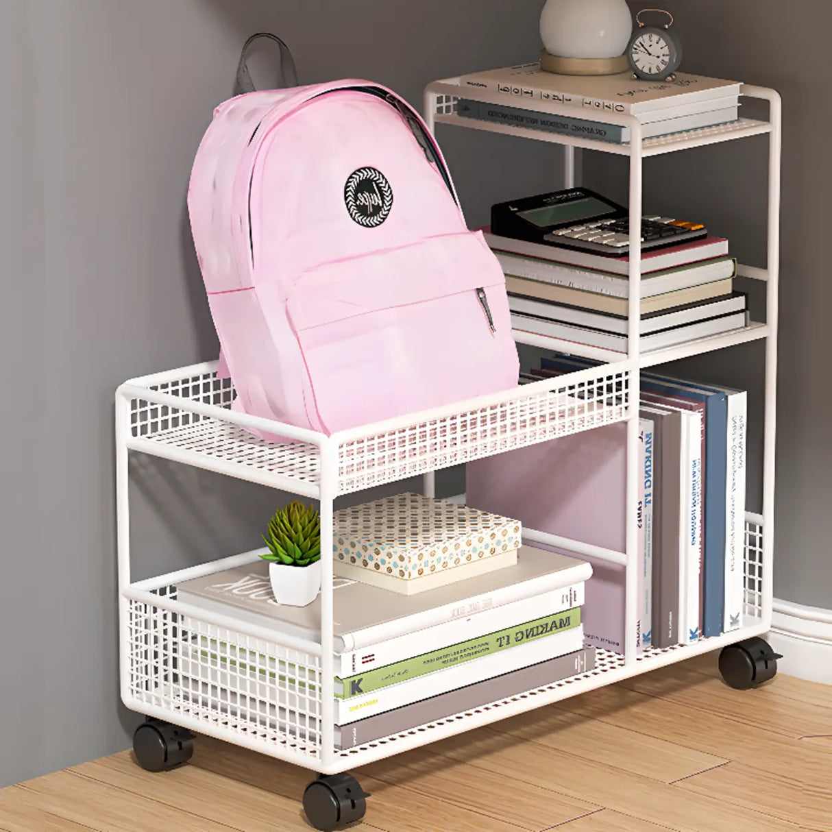 White Movable Metal Frame Utility Cart with Shelves Image - 4