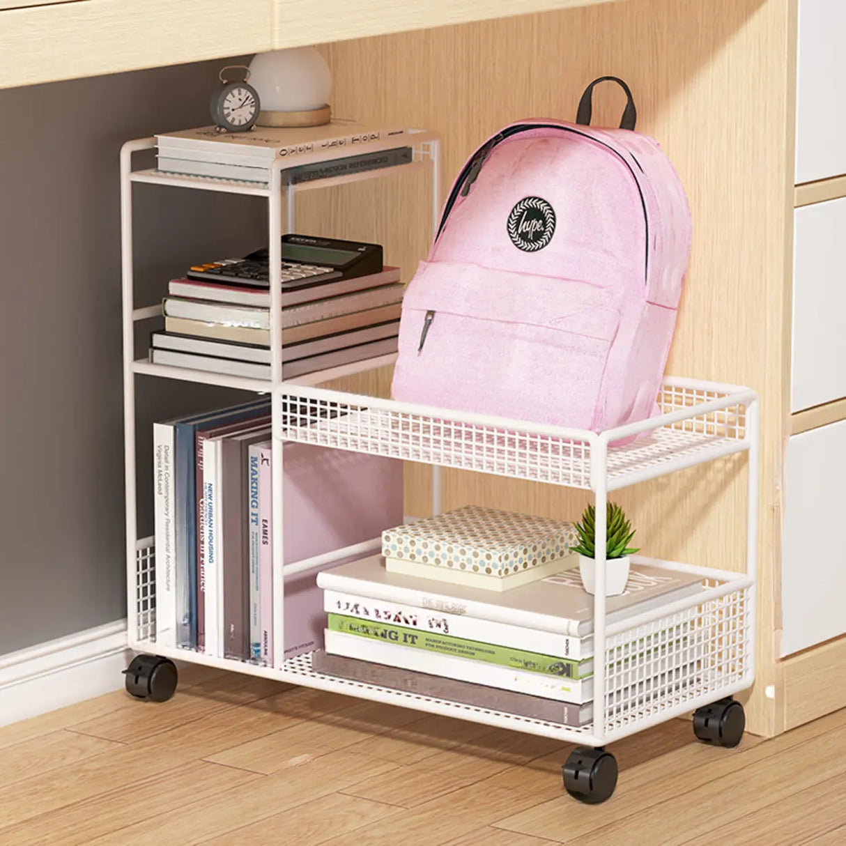 White Movable Metal Frame Utility Cart with Shelves Image - 9