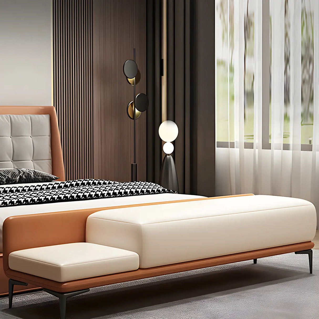 White Orange Faux Leather Upholstered Bedroom Bench Image - 5