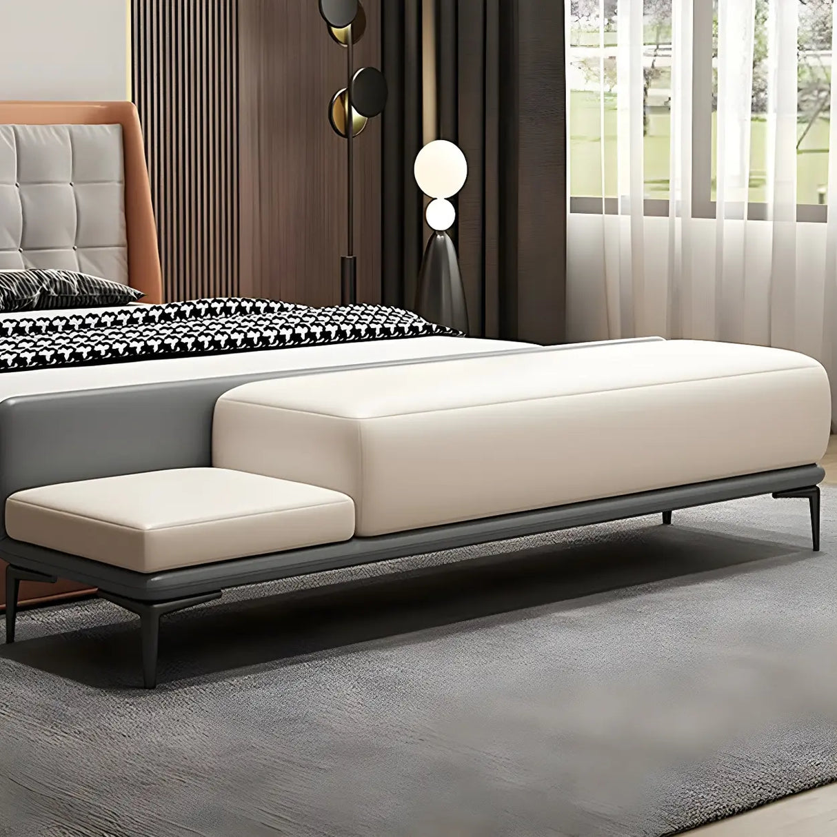 White Orange Faux Leather Upholstered Bedroom Bench Image - 6