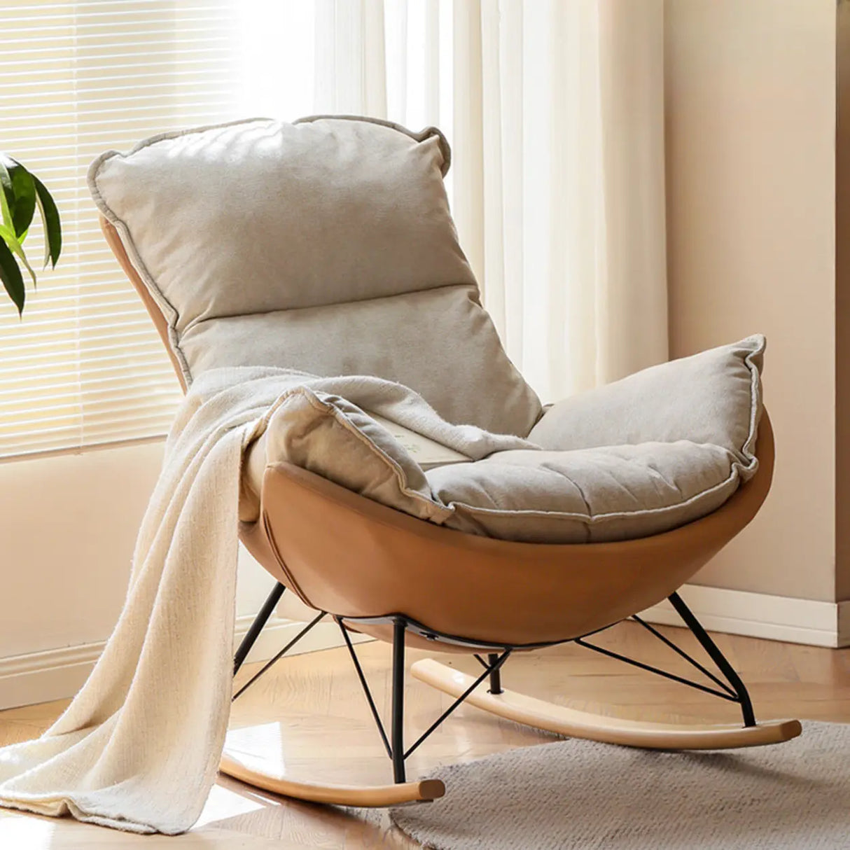 White Orange Scratch Resistant Upholstered Rocking Chair Image - 1