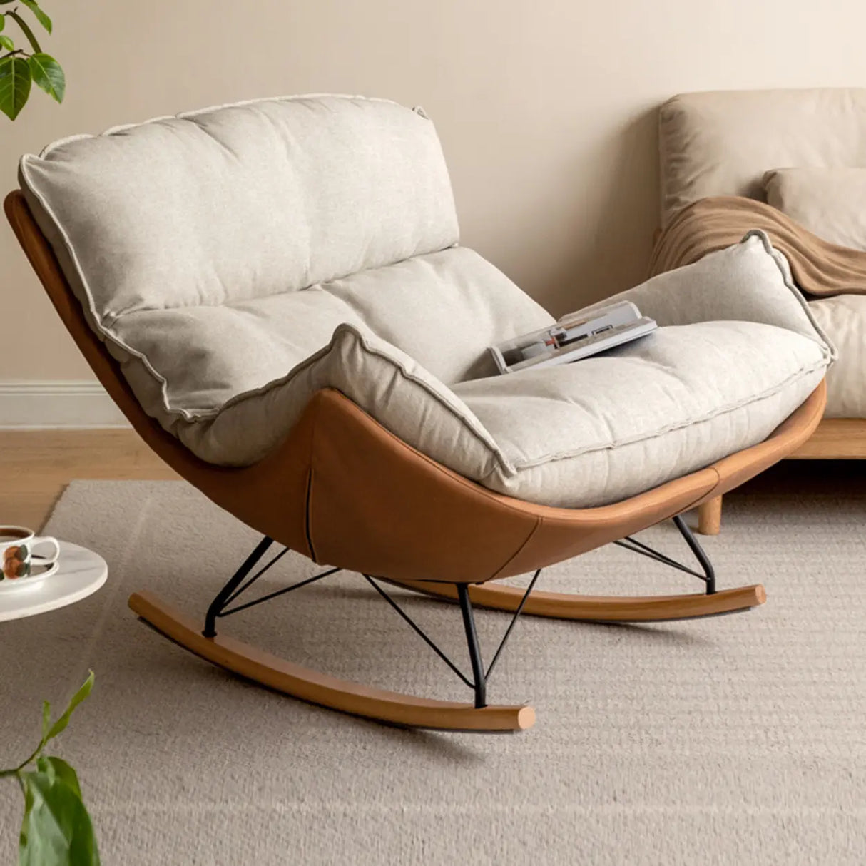 White Orange Scratch Resistant Upholstered Rocking Chair Image - 4