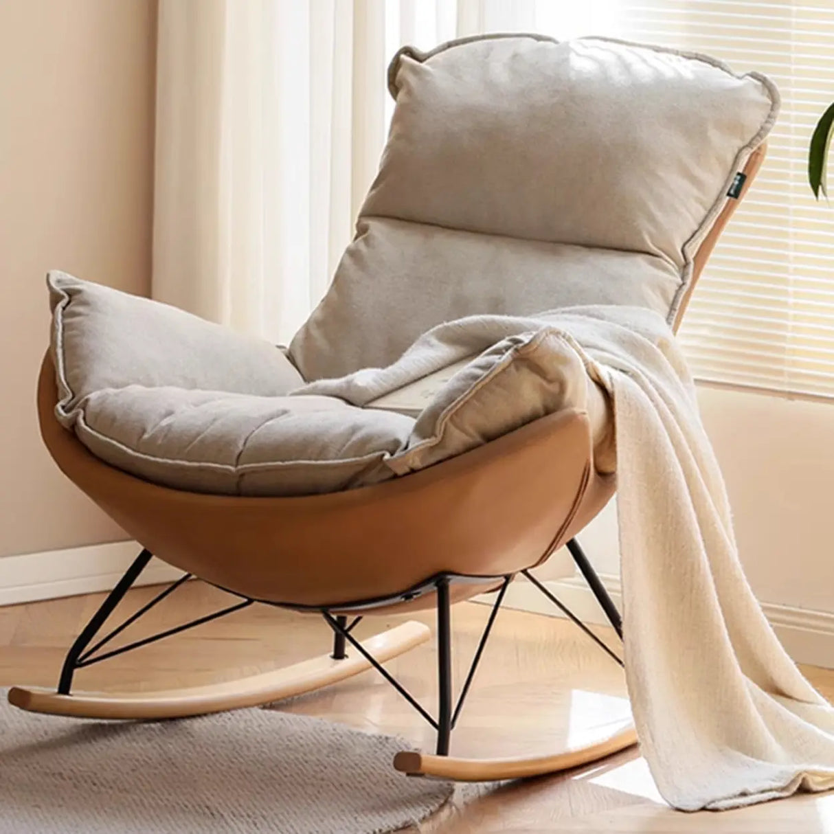 White Orange Scratch Resistant Upholstered Rocking Chair Image - 6