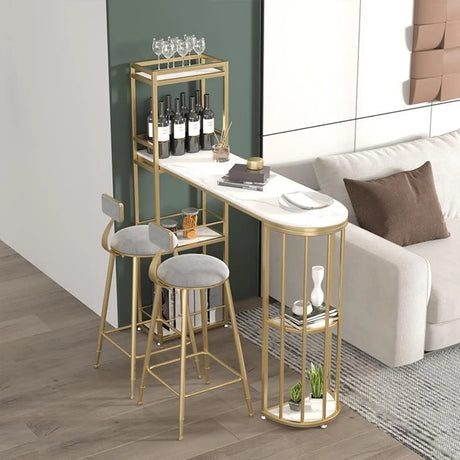 White Oval Marble Tall Bar Table with Gold Frame Image - 1
