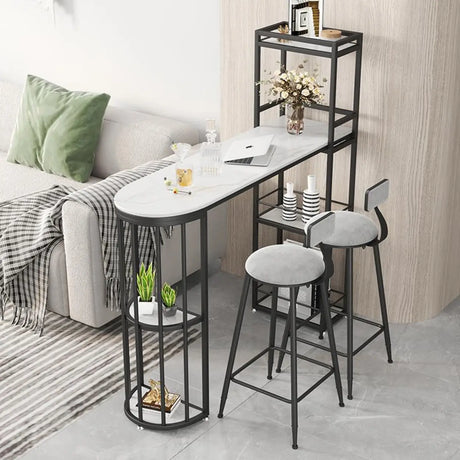 White Oval Marble Tall Bar Table with Gold Frame Image - 2