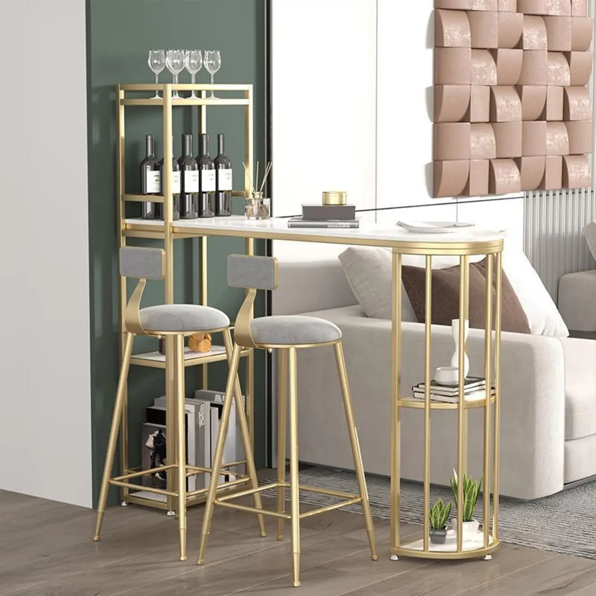 White Oval Marble Tall Bar Table with Gold Frame Image - 3