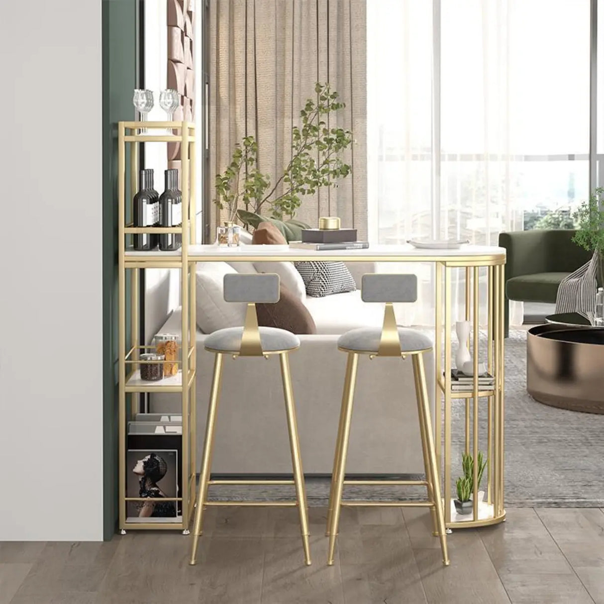 White Oval Marble Tall Bar Table with Gold Frame Image - 4