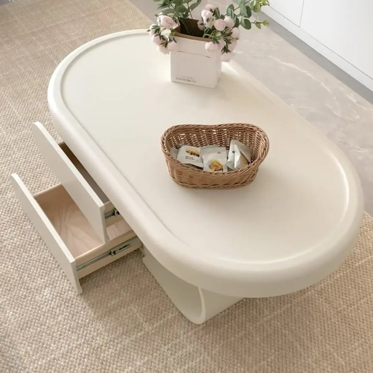 White Oval Wooden Fixed Coffee Table with Storage Image - 1