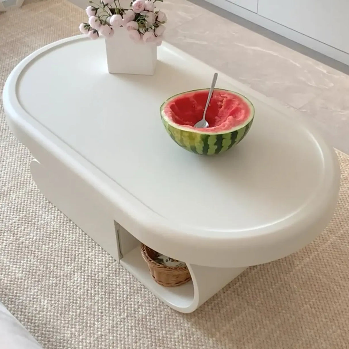 White Oval Wooden Fixed Coffee Table with Storage Image - 2