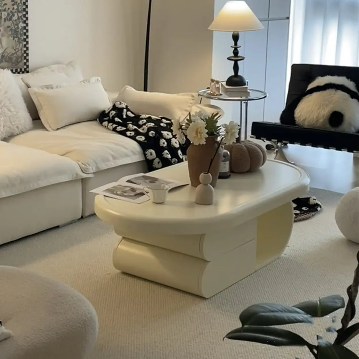 White Oval Wooden Fixed Coffee Table with Storage Image - 3