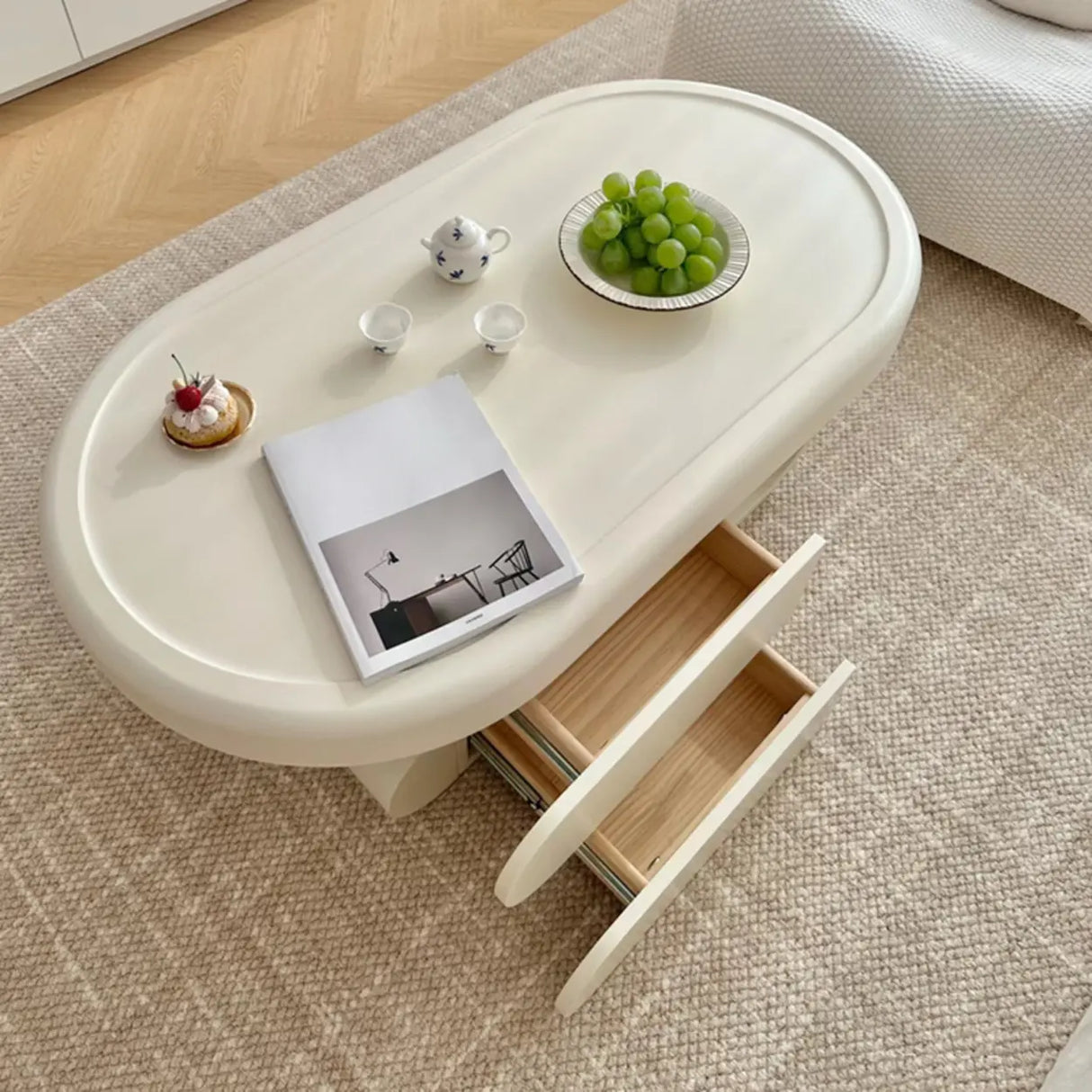 White Oval Wooden Fixed Coffee Table with Storage Image - 6
