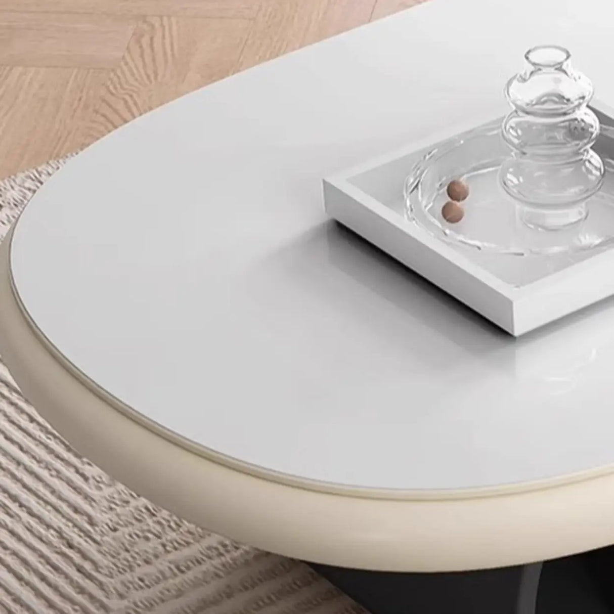 White Oval Wooden Fixed Coffee Table with Storage Image - 7