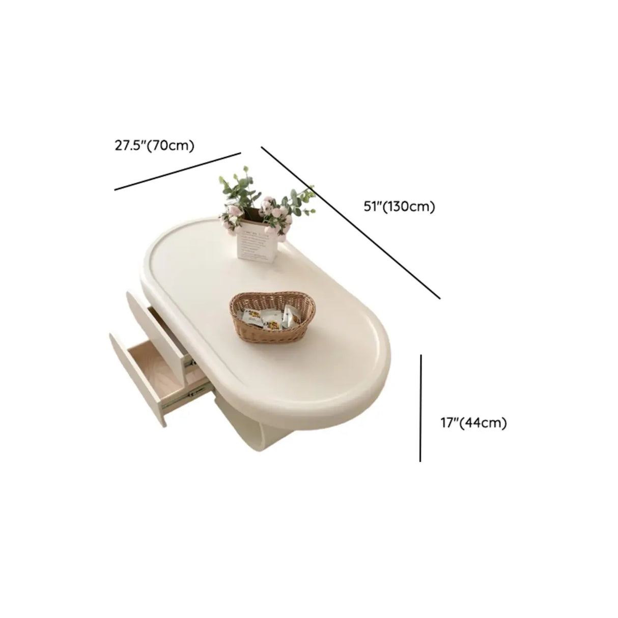 White Oval Wooden Fixed Coffee Table with Storage Image - 9