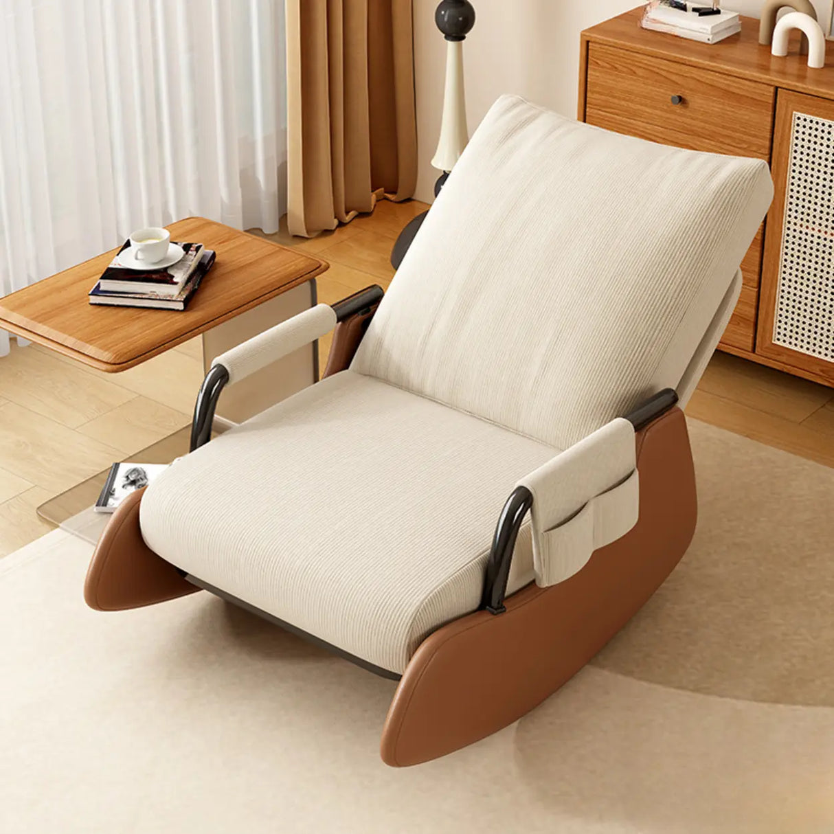 White Recessed Arm Brown Wood Leg Rocking Chair Image - 2