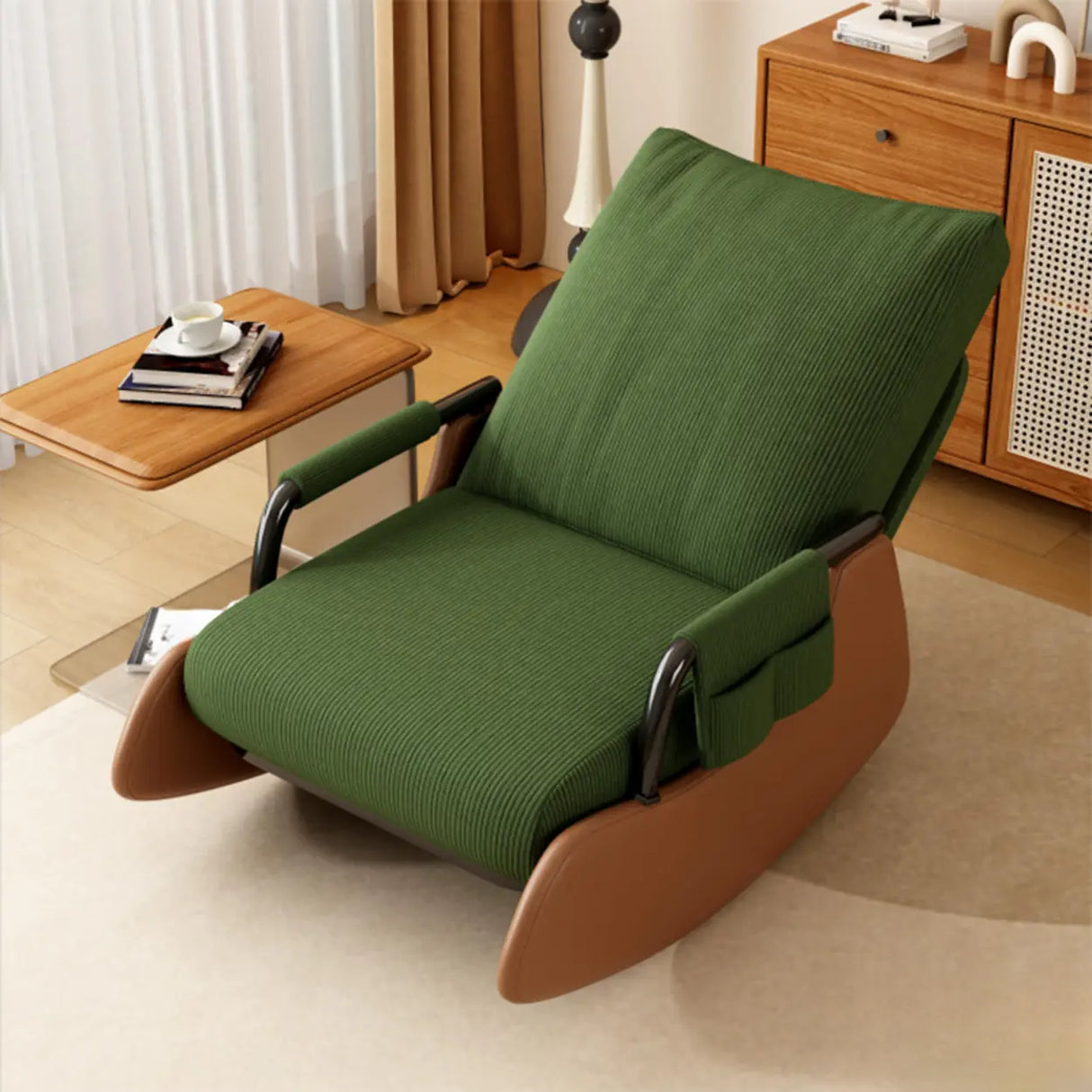 White Recessed Arm Brown Wood Leg Rocking Chair Image - 3