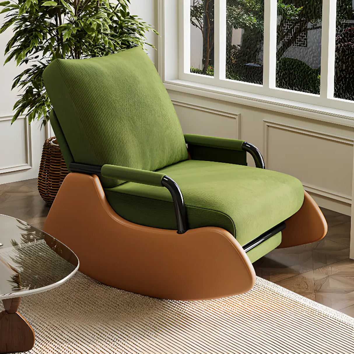 White Recessed Arm Brown Wood Leg Rocking Chair Image - 4