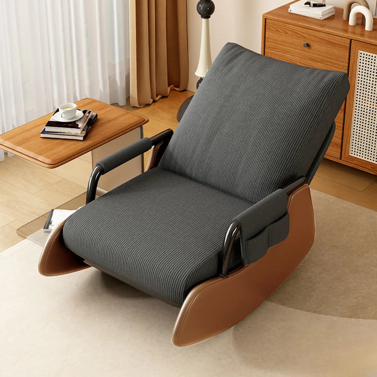 White Recessed Arm Brown Wood Leg Rocking Chair Image - 5