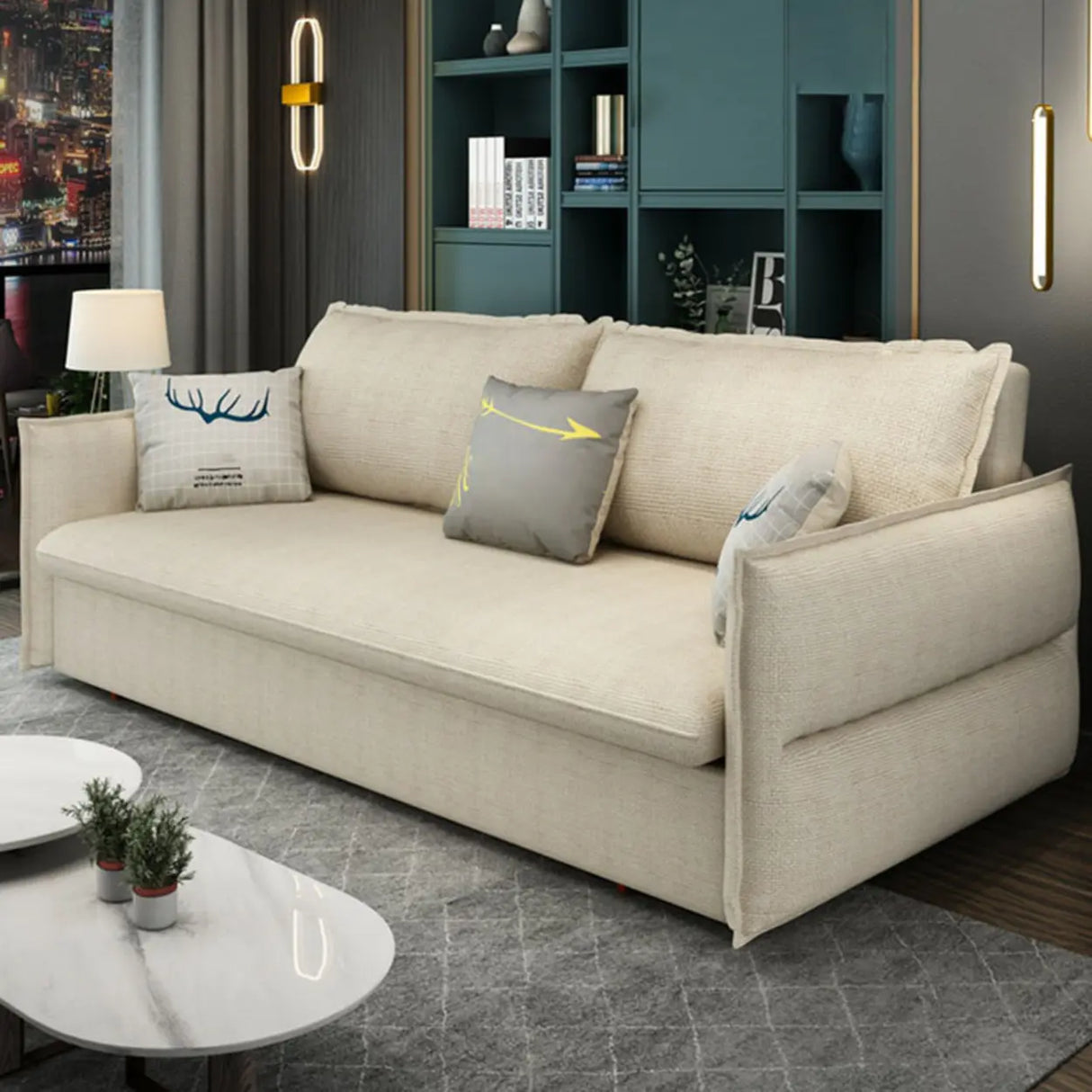 White Recessed Arm Sleeper Sofa Bed with Slipcover Image - 1