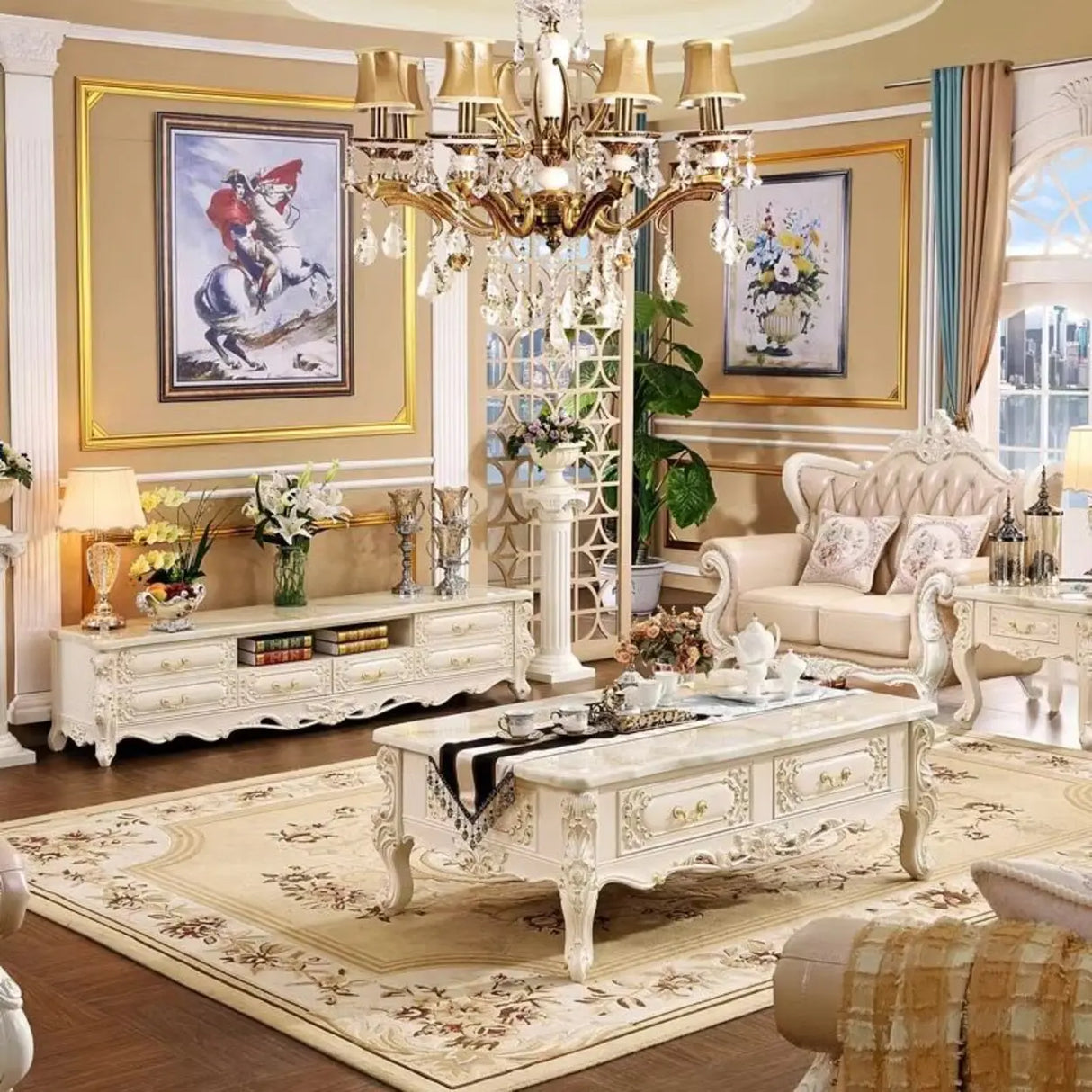 White Rectangle Carving Marble Storage Coffee Table Image - 1