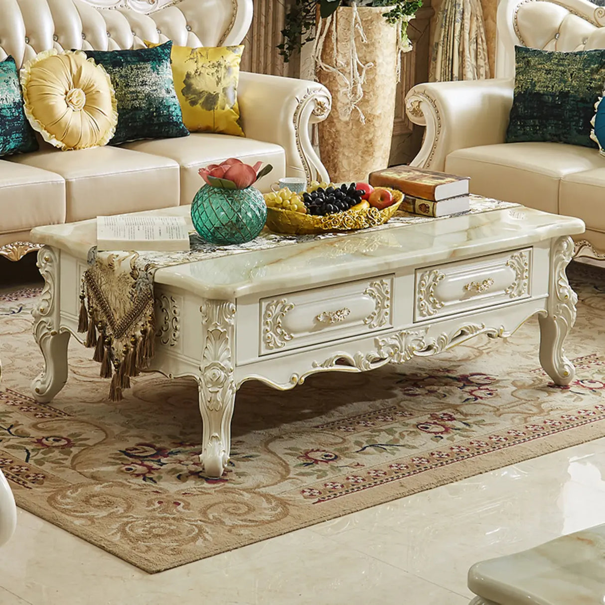 White Rectangle Carving Marble Storage Coffee Table Image - 2