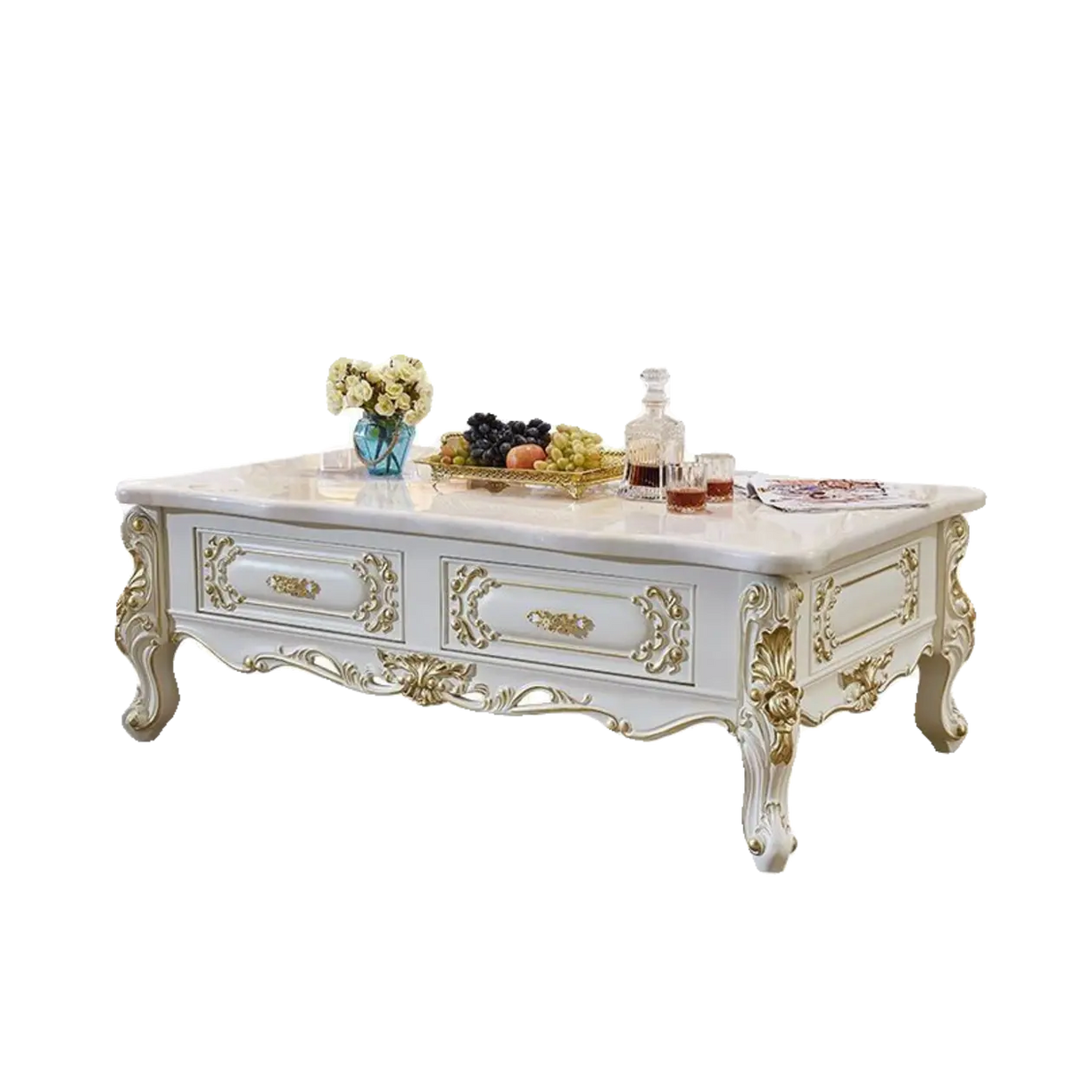 White Rectangle Carving Marble Storage Coffee Table Image - 3