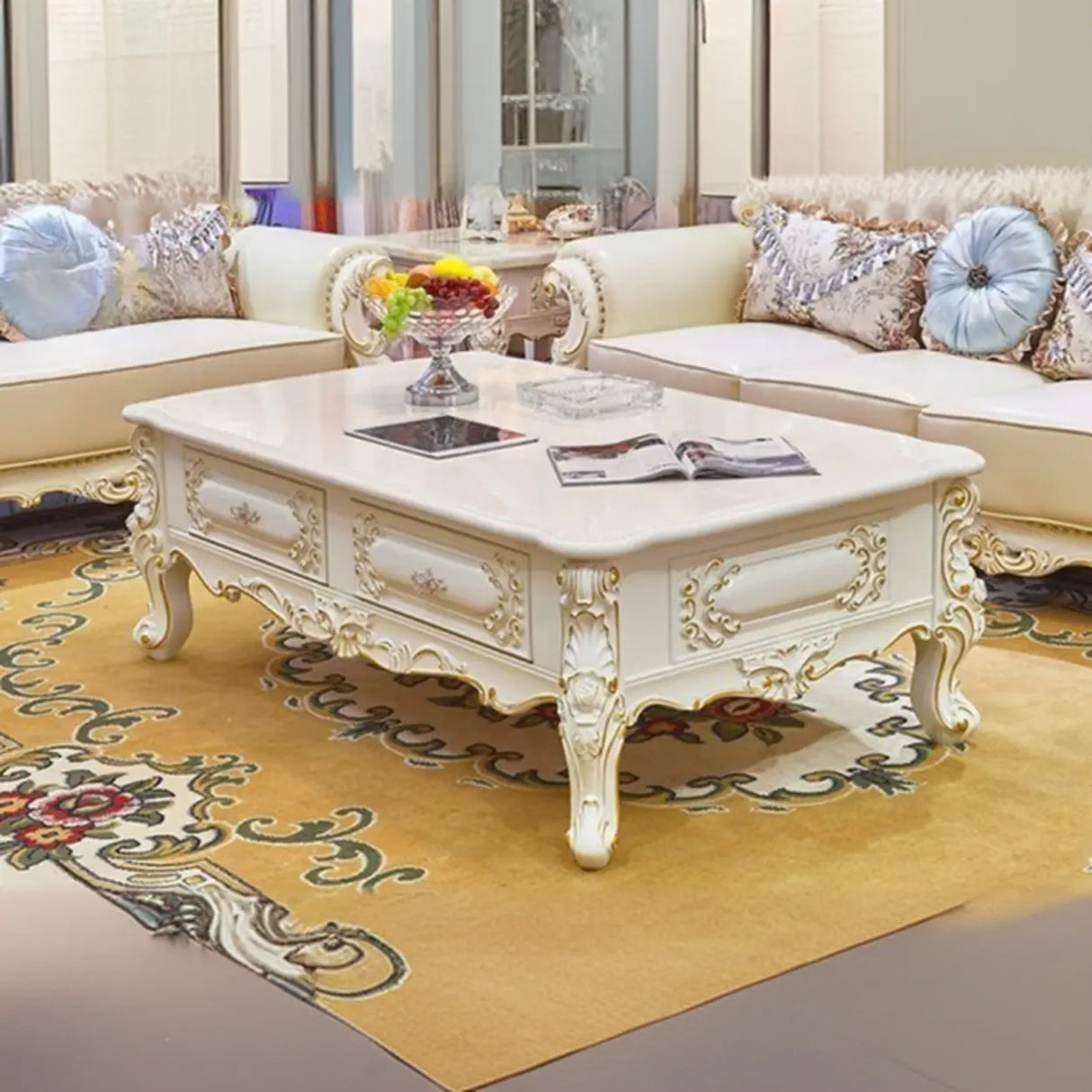 White Rectangle Carving Marble Storage Coffee Table Image - 4