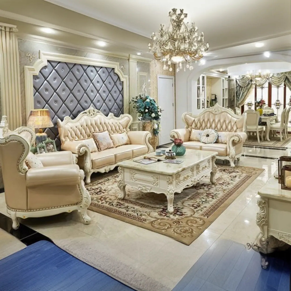 White Rectangle Carving Marble Storage Coffee Table Image - 5