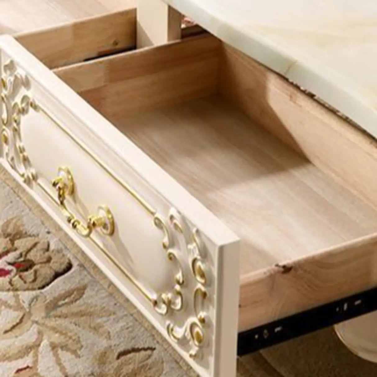 White Rectangle Carving Marble Storage Coffee Table Image - 8