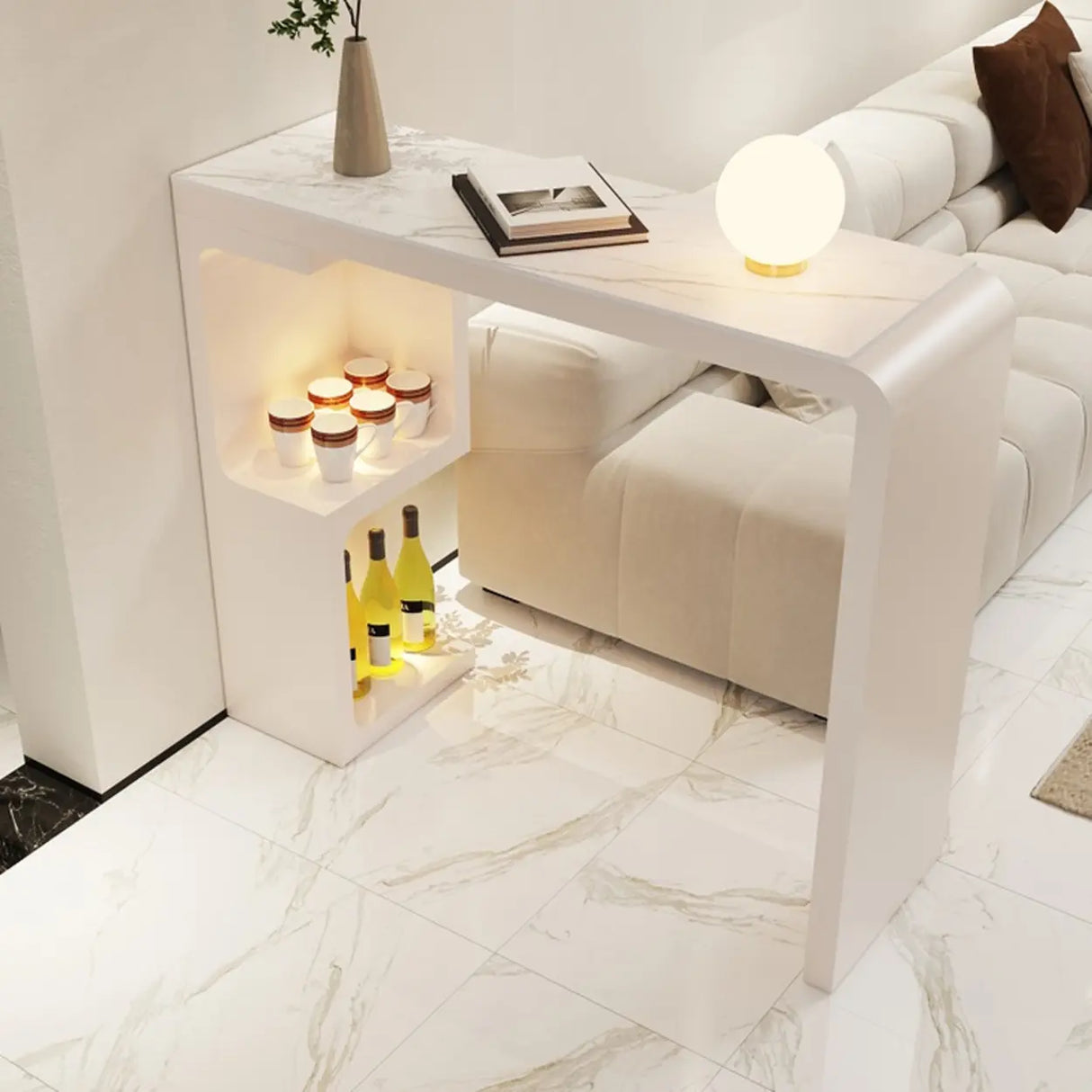 White Rectangle Marble MDF Console Bar Table with Shelf Image - 1