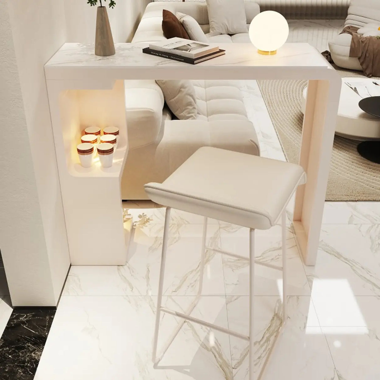 White Rectangle Marble MDF Console Bar Table with Shelf Image - 4