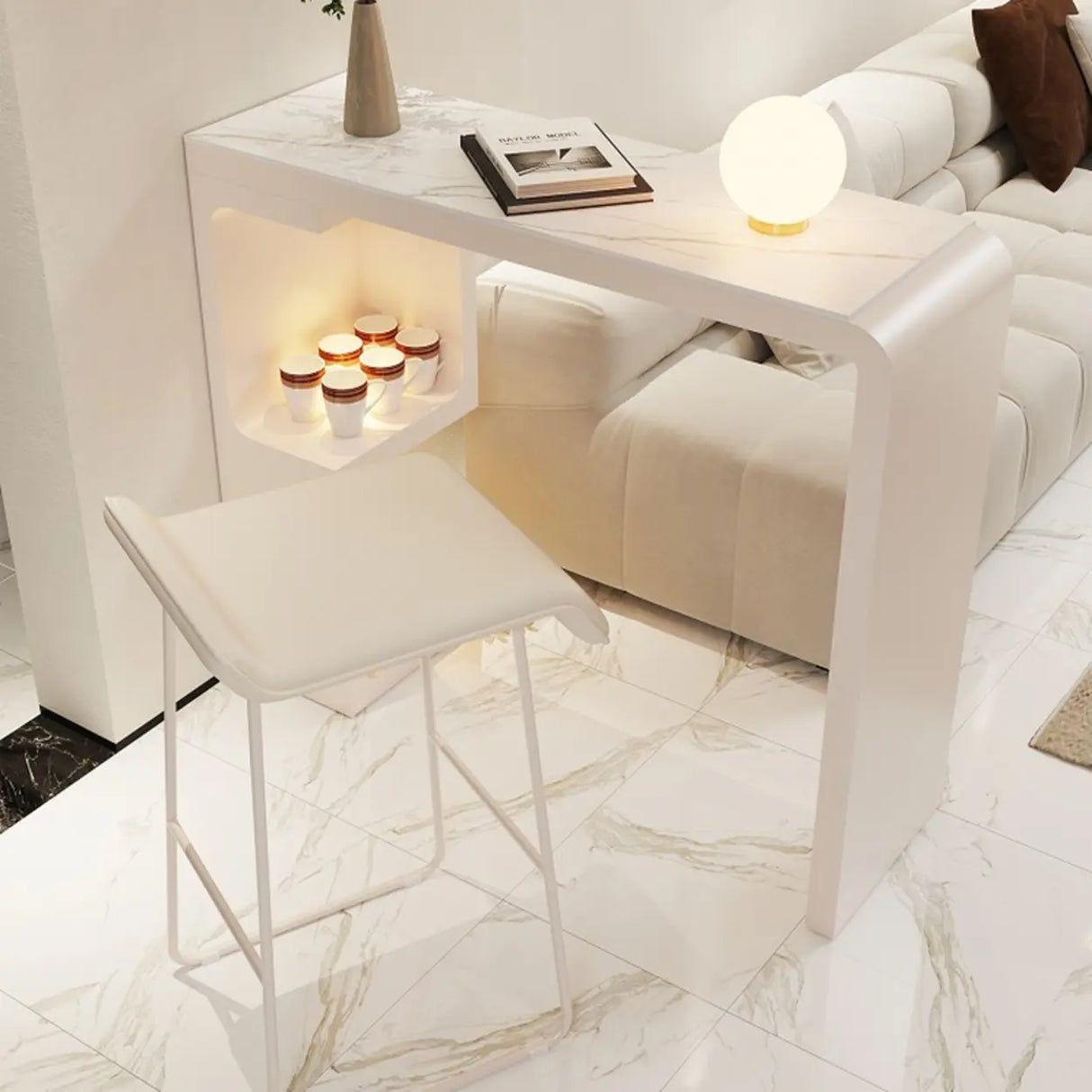 White Rectangle Marble MDF Console Bar Table with Shelf Image - 5