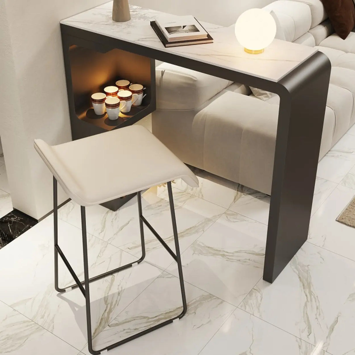 White Rectangle Marble MDF Console Bar Table with Shelf Image - 6