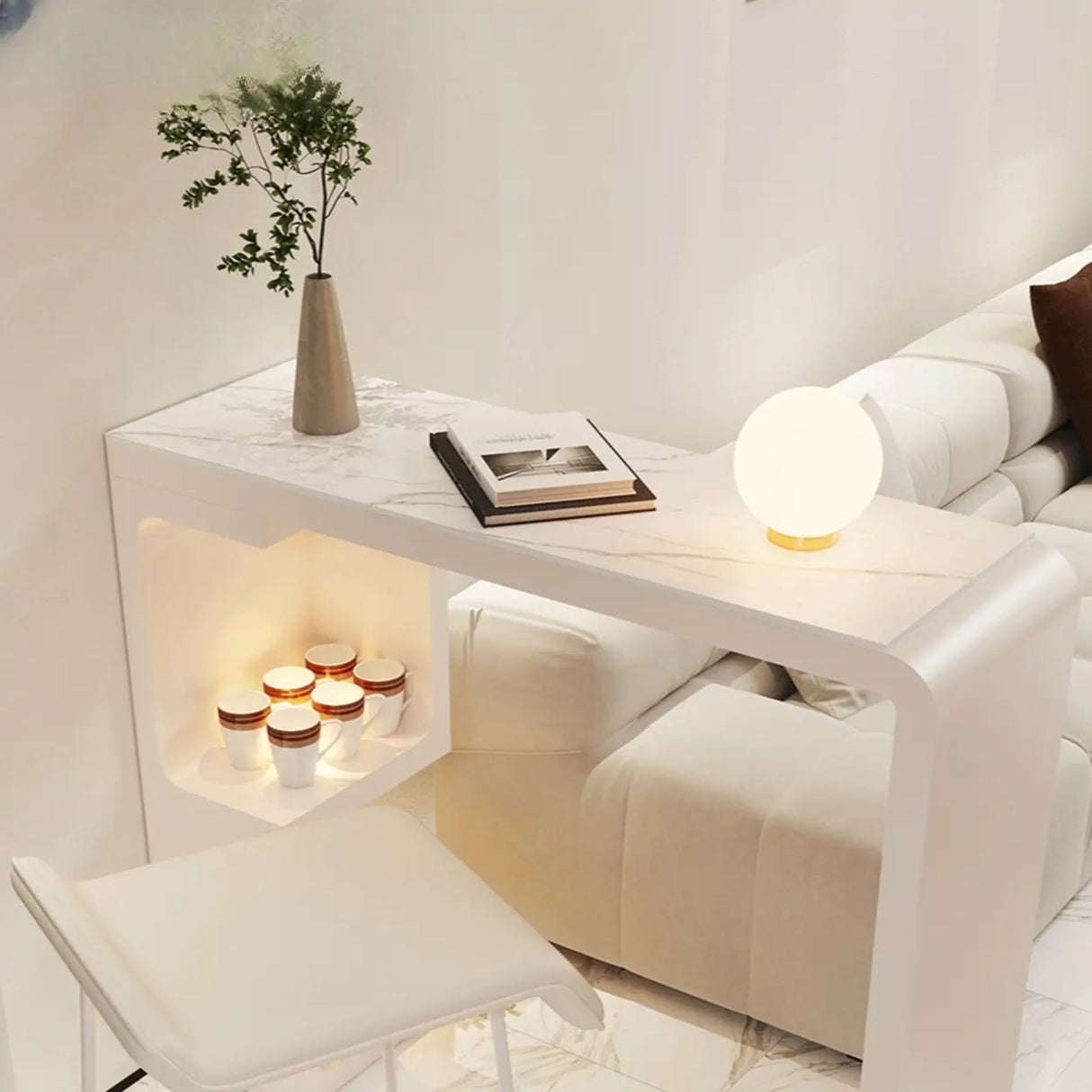 White Rectangle Marble MDF Console Bar Table with Shelf Image - 8