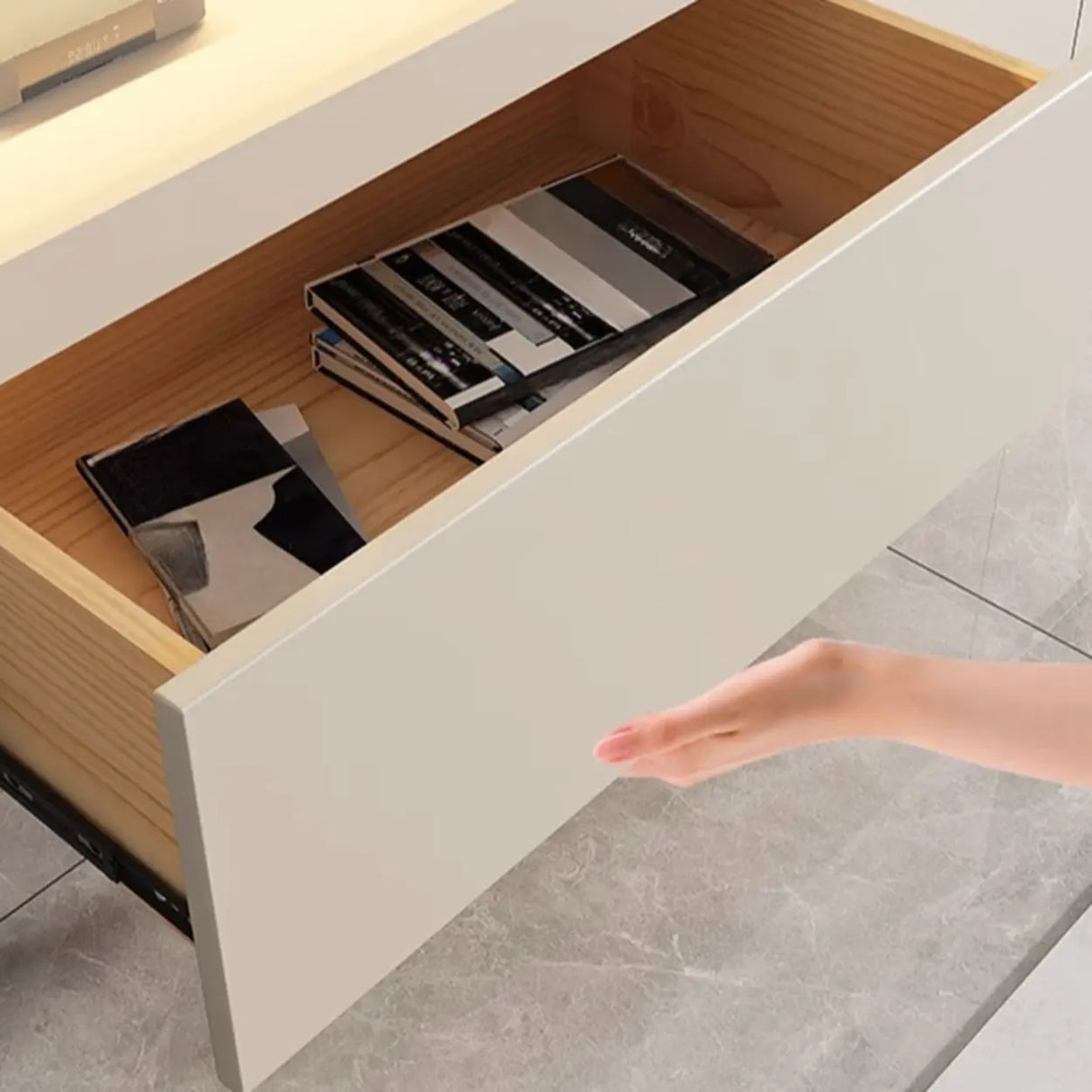 White Rectangle Open Storage Cabinet Stone TV Stand Image - 10