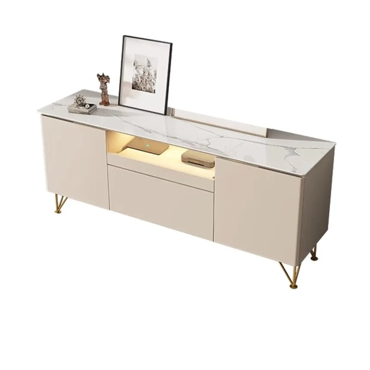 White Rectangle Open Storage Cabinet Stone TV Stand Image - 12