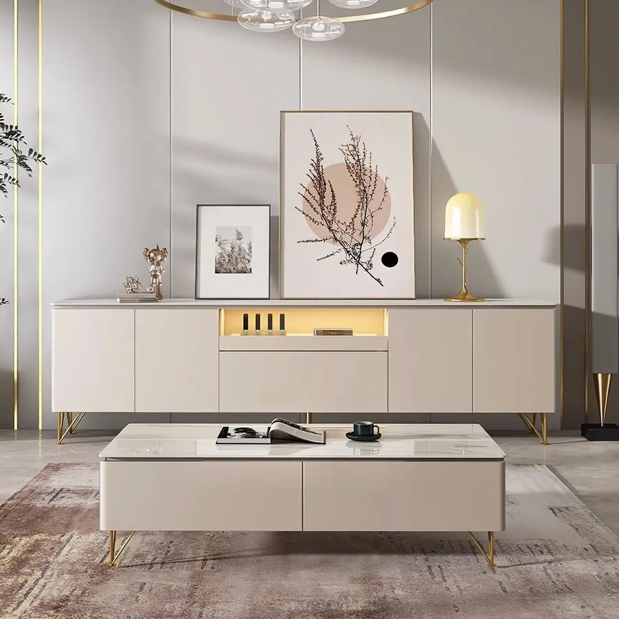 White Rectangle Open Storage Cabinet Stone TV Stand Image - 1