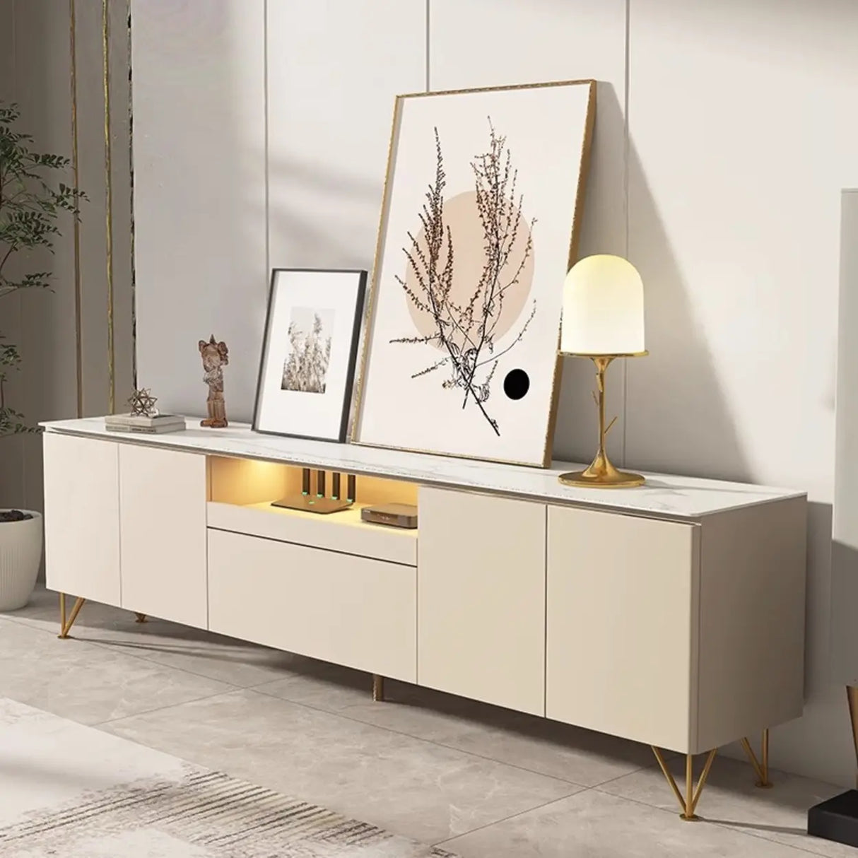 White Rectangle Open Storage Cabinet Stone TV Stand Image - 2