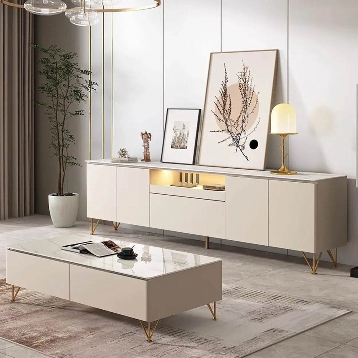 White Rectangle Open Storage Cabinet Stone TV Stand Image - 3