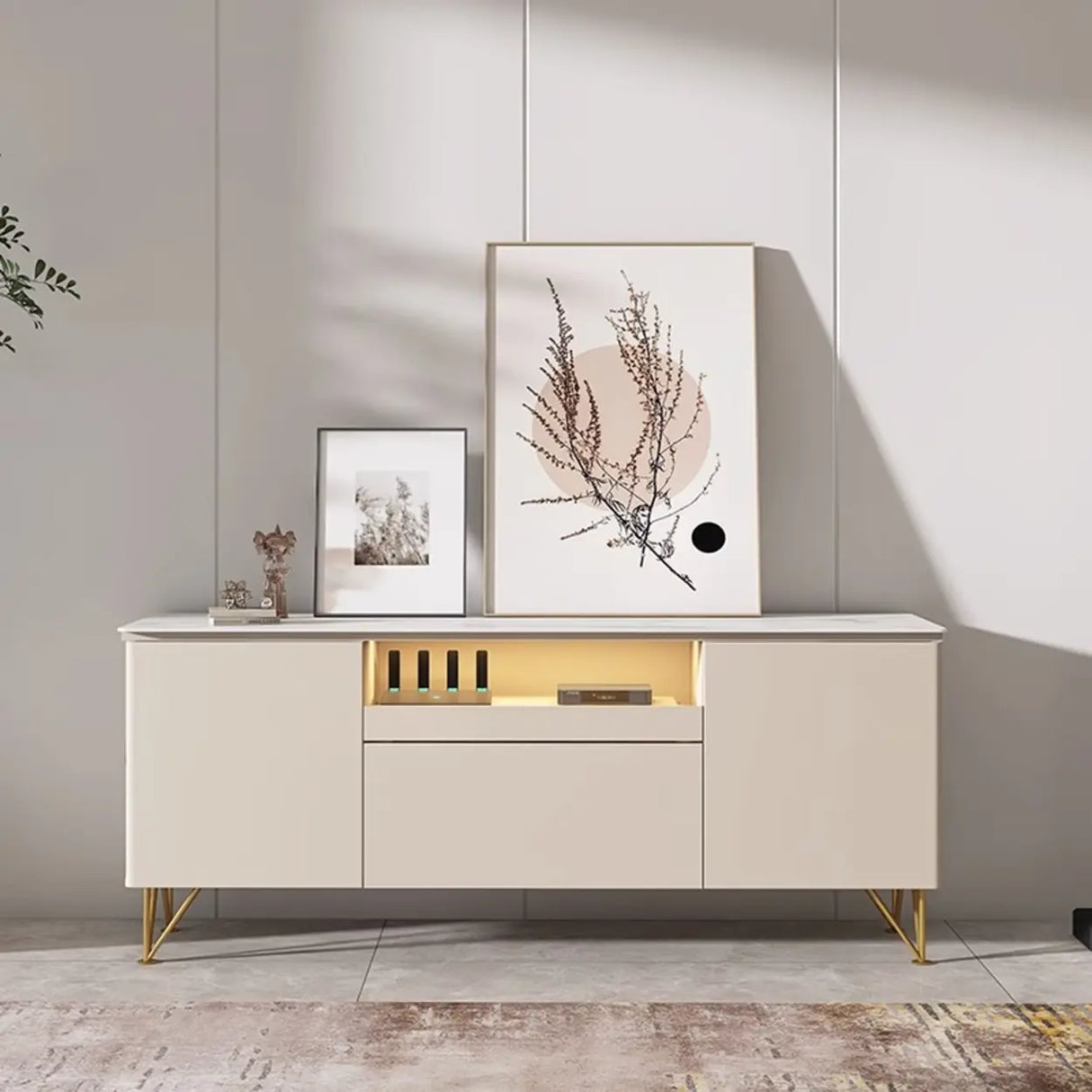 White Rectangle Open Storage Cabinet Stone TV Stand Image - 4