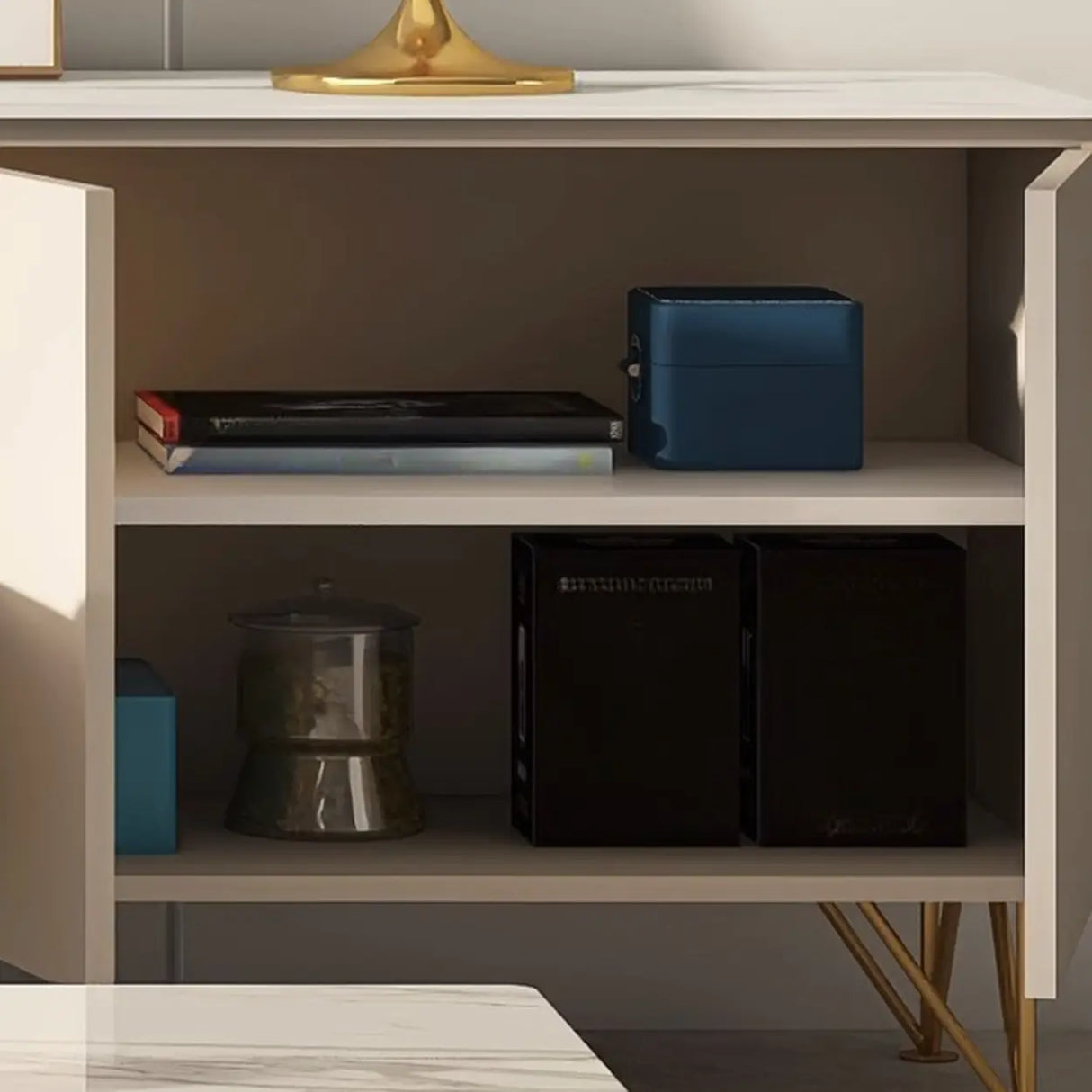 White Rectangle Open Storage Cabinet Stone TV Stand Image - 7