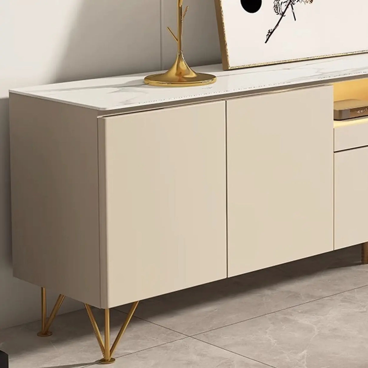 White Rectangle Open Storage Cabinet Stone TV Stand Image - 9