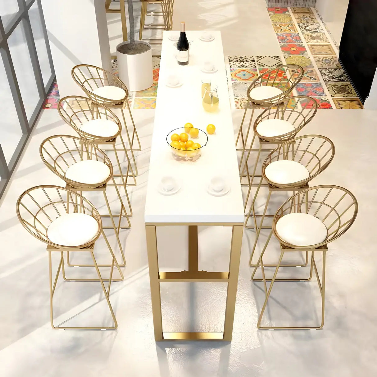 White Rectangle Rock Slab Large Bar Table With Footrest Image - 2