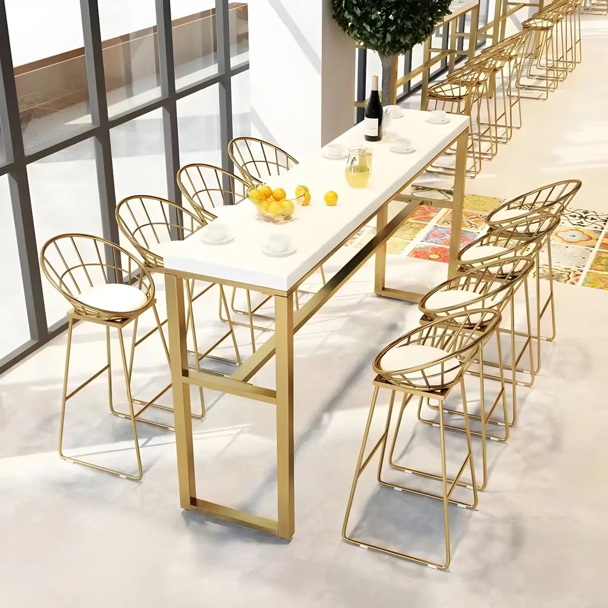 White Rectangle Rock Slab Large Bar Table With Footrest Image - 3