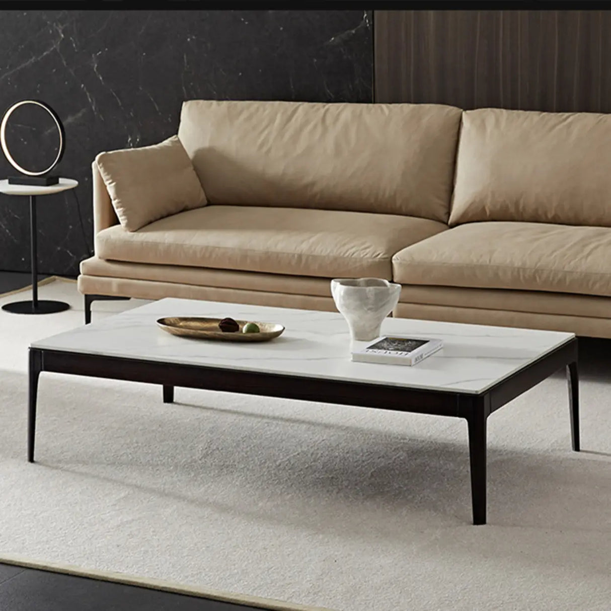 White Rectangle Stone Top Ash Base Single Coffee Table Image - 4