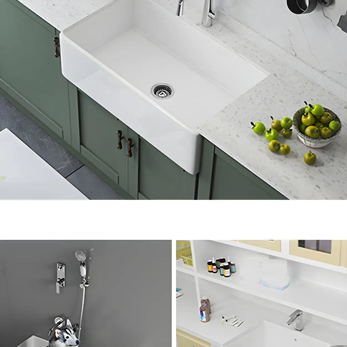 White Rectangular Ceramic Farmhouse Sink with Apron Image - 16